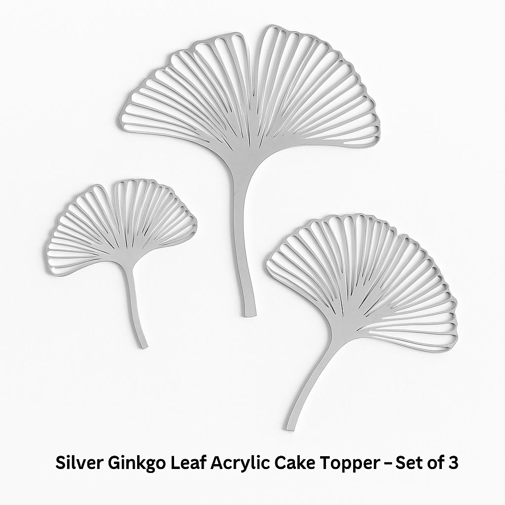 Silver Ginkgo Leaf Acrylic Cake Topper Set – 3 Elegant Pieces for Cakes & Parties