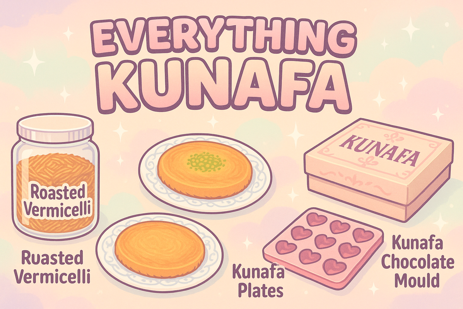 Generate Banner  , heading EVERYTHING KUNAFA  THEN METION IMAGE OF JAR WHERE Roasted Vermicelli  write this name near jar , mention name kunafa plates and picture , kunfa packing box image and name,  kunafa Chocolate mould name and image background pastel color and aniemn color.